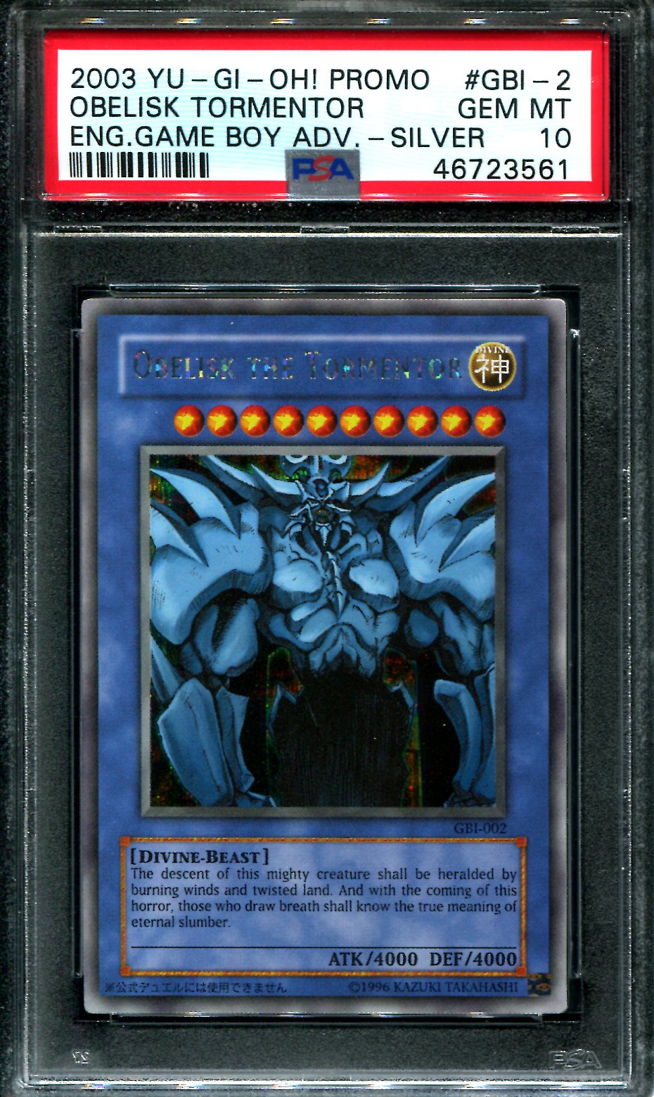 Obelisk the Tormentor - GBI-002 - PSA 10 Gem Mint - Secret Rare